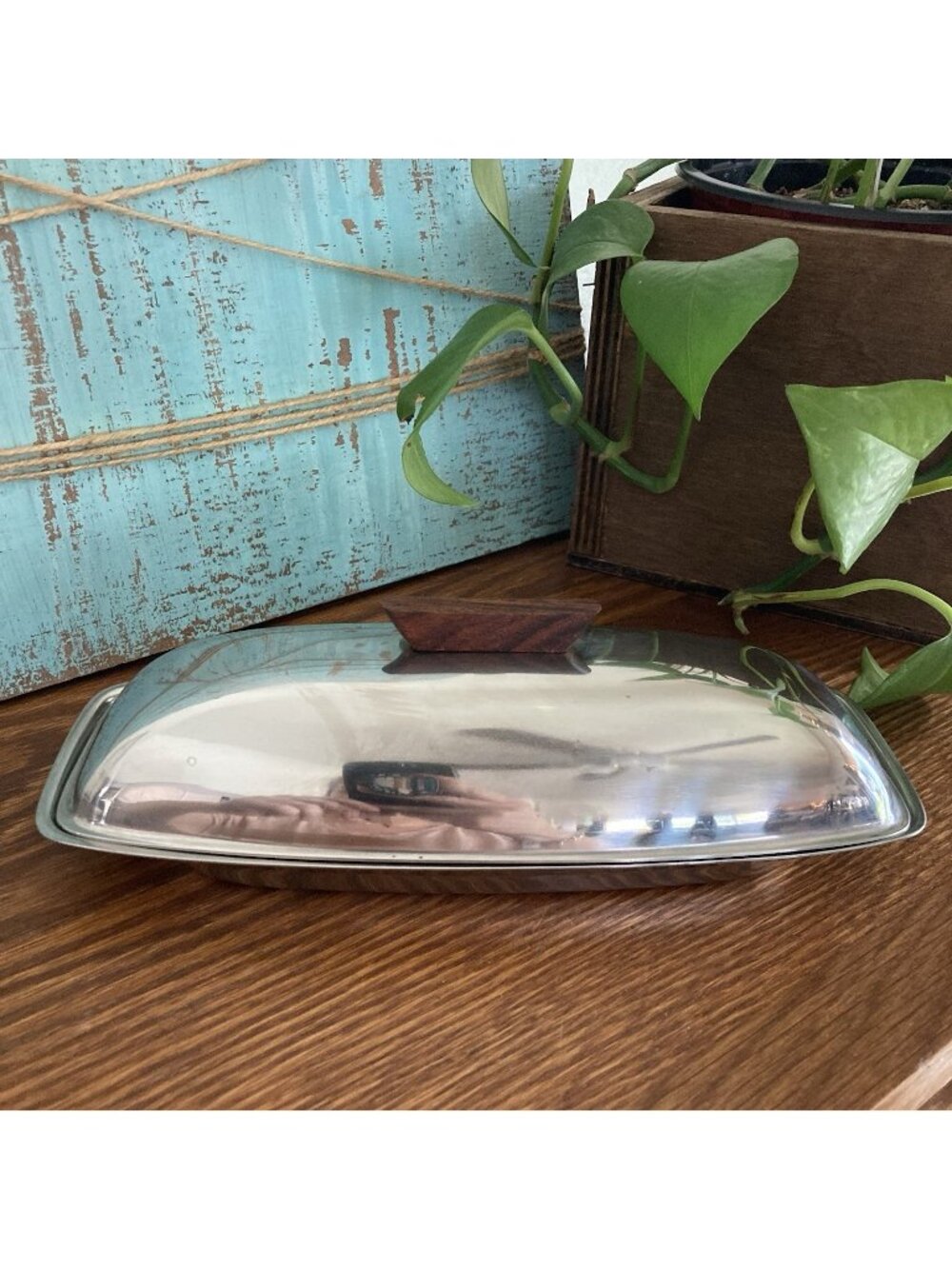Vintage Stainless Steel Butter Dish MCM Wood Handle Japan Covered Lidded 18-8